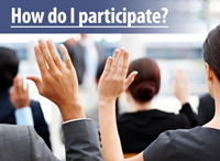 How Do I Participate; Photo of people with hands raised at a meeting.